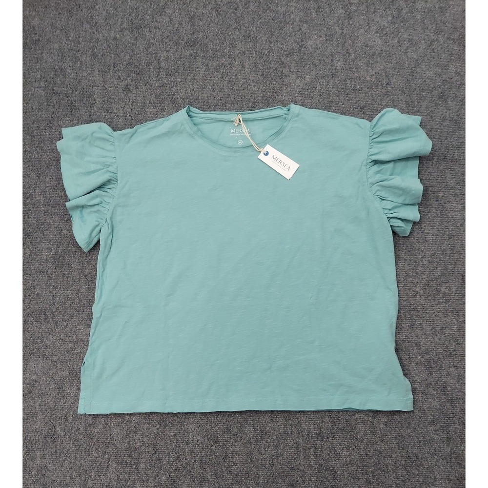 Mersea Top Shirt Womens S/M Blue Juliette Ruffle Sleeve Crew Neck Boxy Tee‎ NWT